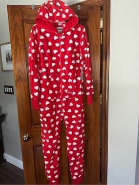 Tipsy Elves Red and White Heart Fleece Onesie